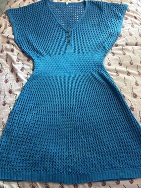 Bright Blue Crochet Knit Dress with Button Detail